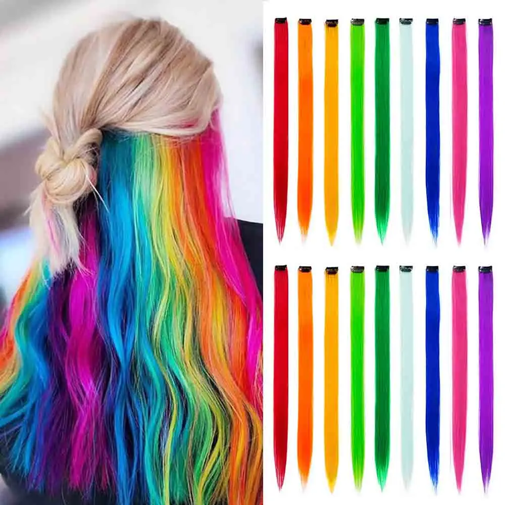 

18Pcs Straight Colored Clip in Hair Extensions 22Inch Rainbow Party Highlights Synthetic Hairpiece(9 colors)