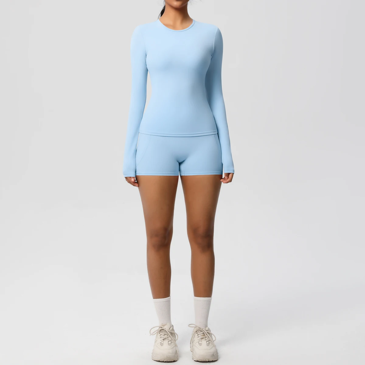 Solid Color Summer Yoga Set Woman Slim Casual Running Shirts Yoga Long Sleeved Breathable Hip-lifting Pockets Shorts Yoga Set