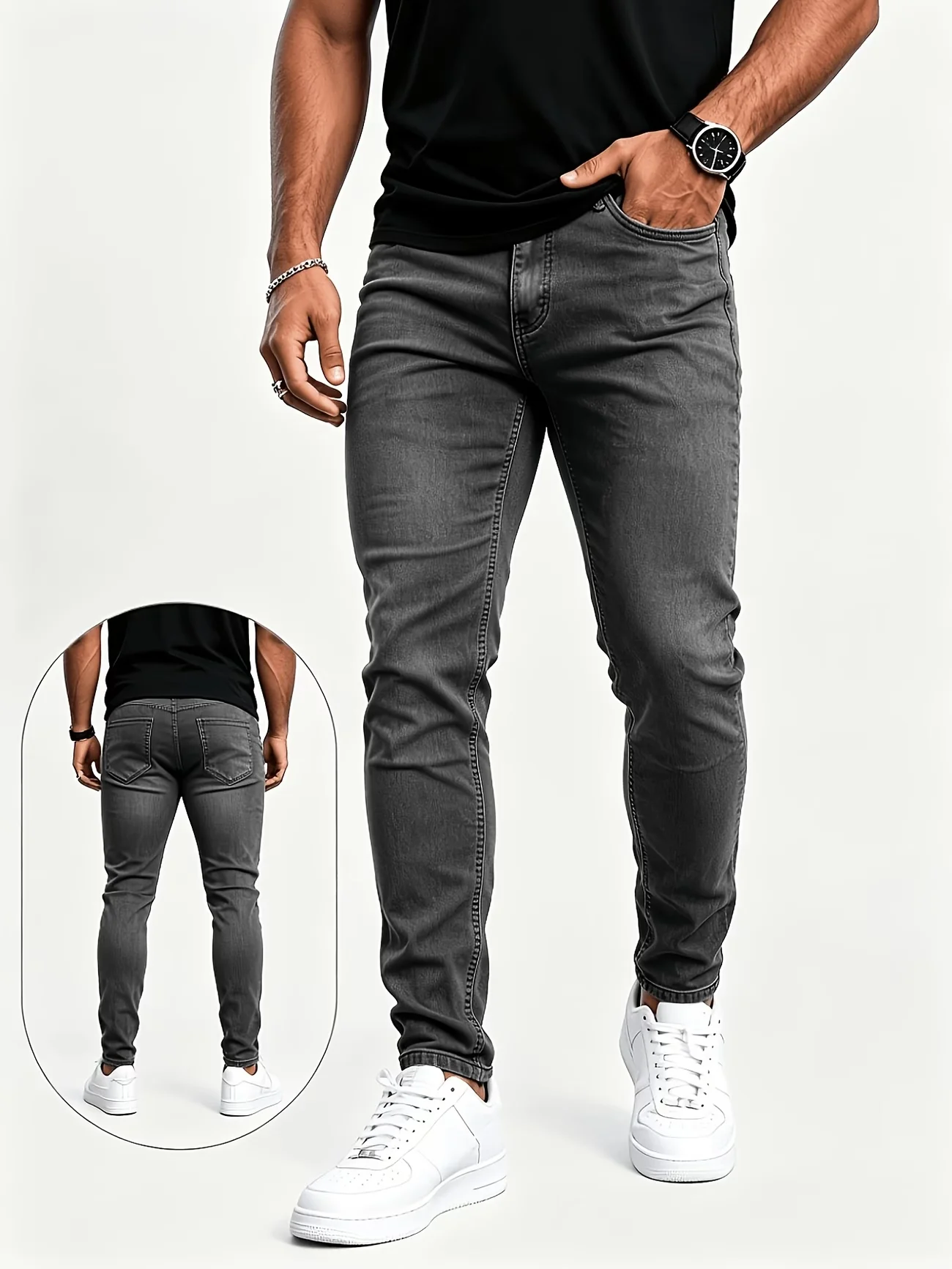 en'S Dark Gray Jeans, Elastic Skinny Long Pants, Versatile Casual Streetwear Pants, Autumn Menswear, Motion Flex Jeans