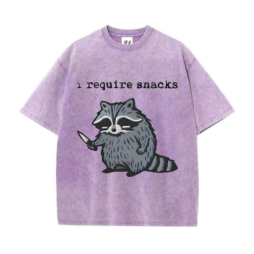 Cartoon Raccoon Printed Casual Cotton T Shirt I Require Snacks Graphic Tee for Men Women Trendy Loose Fit Short Sleeve Top Daily
