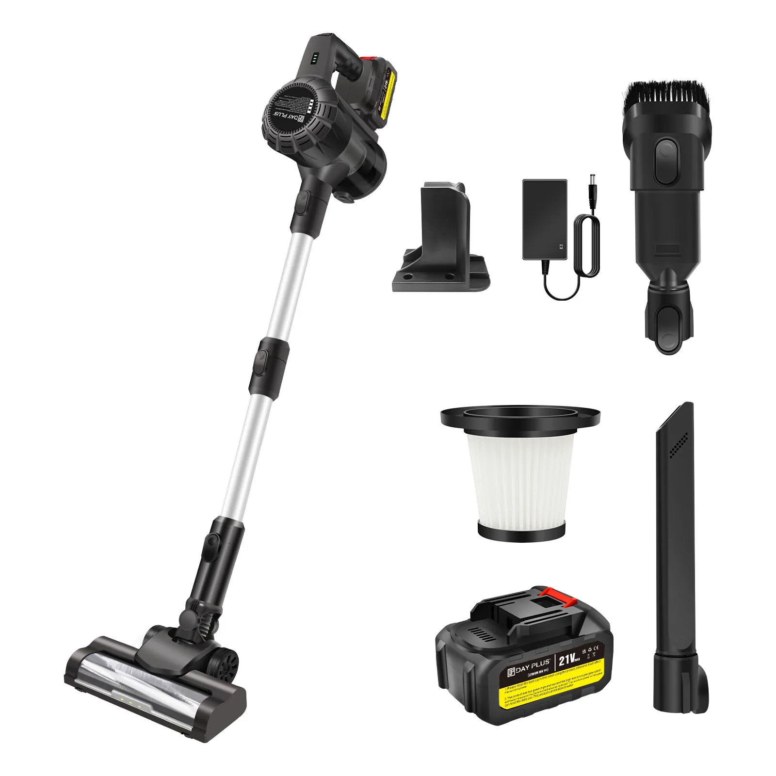 Kabelloser Staubsauger, 3500W 45KPa 65 Minuten Laufzeit, Anti-Verhedderungs-Bürste mit LED-Licht, 6-in-1 Leichter Handstaubsauger mit HEPA-Filter, Wiederaufladbarer 3000mAh Akku-Staubsauger für