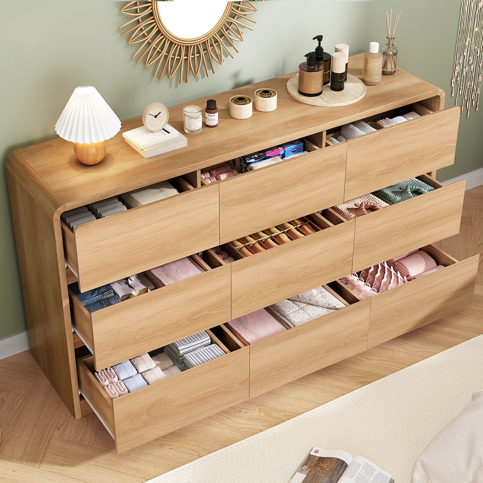 9 Drawer Dresser for Bedroom, 63" Wide Dressers & Chest of Drawers with Curved Profile Design, Wood Closet Storage Dressers Orga view 3