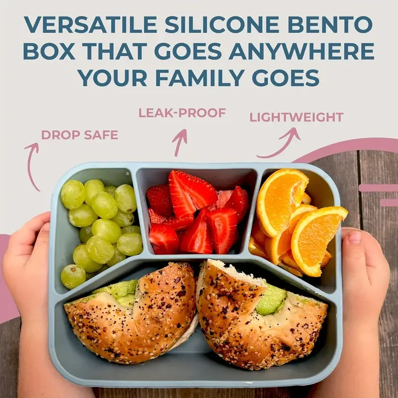 Food-Grade Eco-Friendly Leak-Proof Silicone Lunch Box, Suitable for Children and Adults, 4 Compartments, 3 Colors to Choose From view 6