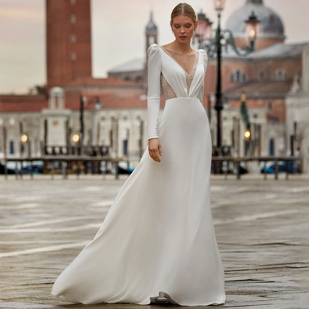 Modern V-Neck Long Sleeve Wedding Dress Sexy Open Back A-Line Floor Length Bridal with Buttons Sweep Train Custom Made Gowns