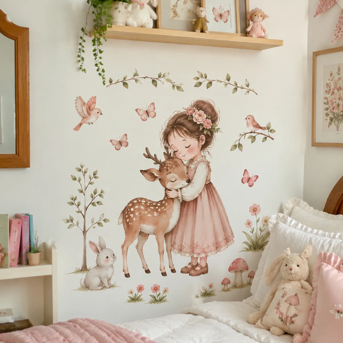 Watercolor Girl Hugging Deer Wall Stickers Cute Bunny Birds Decal Self Adhesive Wallpaper for Baby Girl Nursery Decor