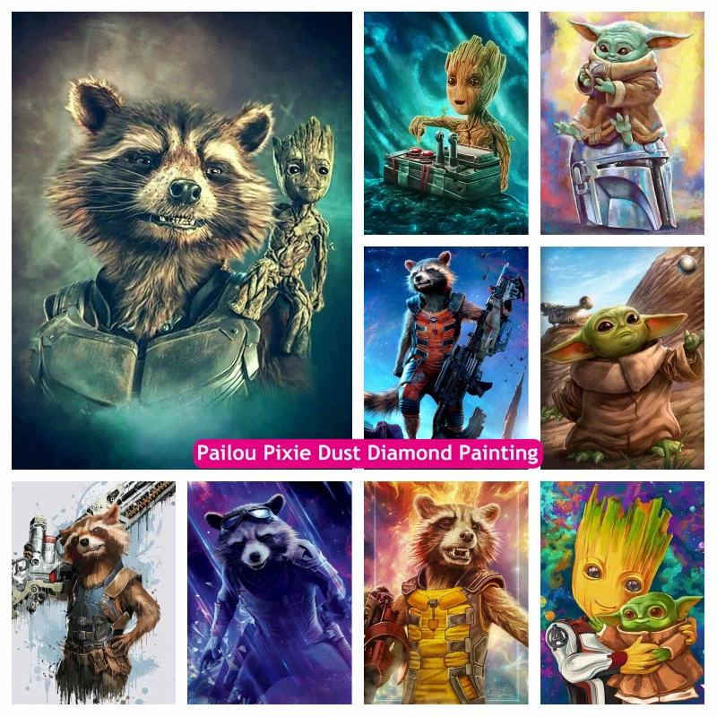 

Rocket Raccoon Groot Marvel Movie 5d Diy AB Diamond Mosaic Painting Bady Yoda Art Crystal Cross Stitch Home Decor Gift