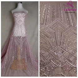 La Belleza new wedding Pink ace fabric ,silver white pearls beaded sequins lace,wonderful patterns gowns lace 1 yard