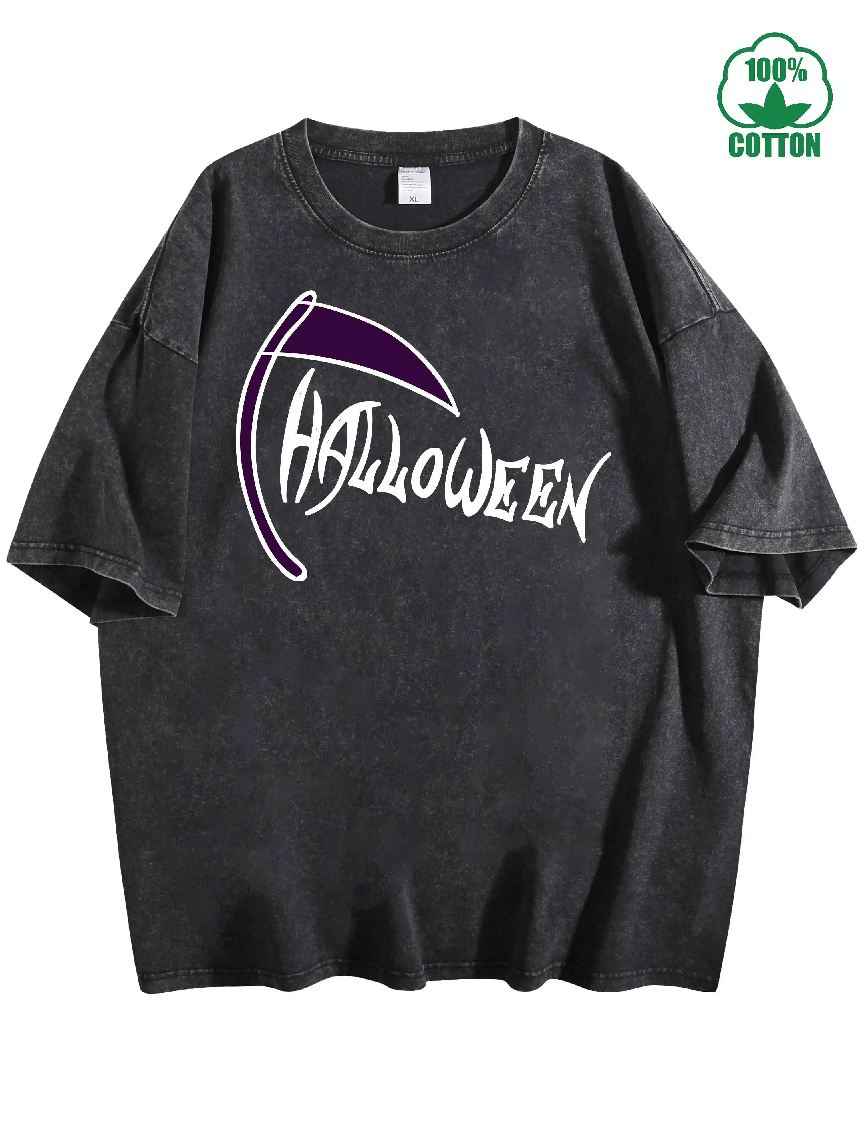Sickle Halloween Graphic Print 100% Cotton Vintage Washed T-Shirt 230g, Comfortable Oversized Streetwear for