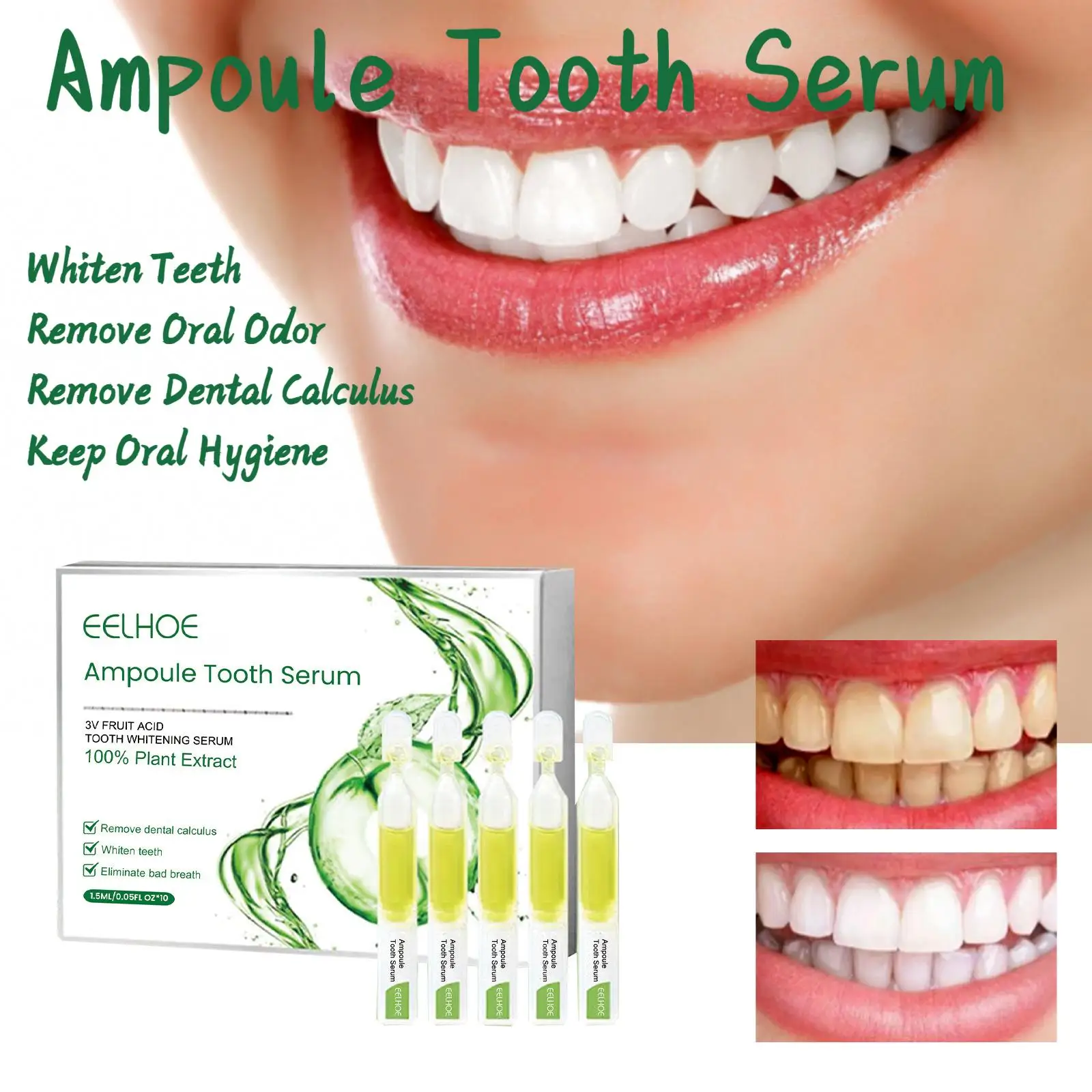 

Eelhoe 1,5 мл x 10 шт., отбеливающая ампульная сыворотка для зубов, чистые пятна на зубах, удаление запаха полости рта, освежающая осветляющая зубная сыворотка