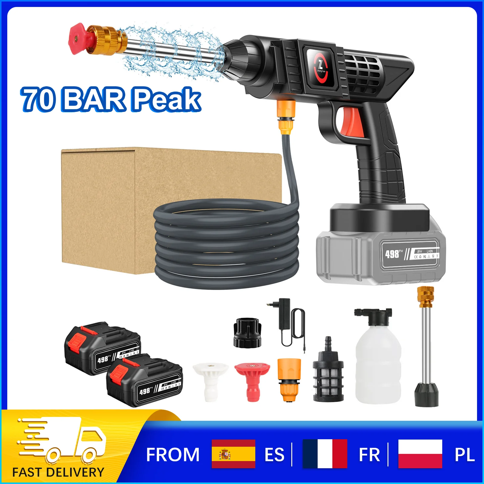 Nettoyeur haute pression sans fil 200W 50 BAR (70 BAR en crête) avec batterie lithium 21V, tuyau de 5m inclus, portée de 7-10m, nettoyage voiture/maison/animaux