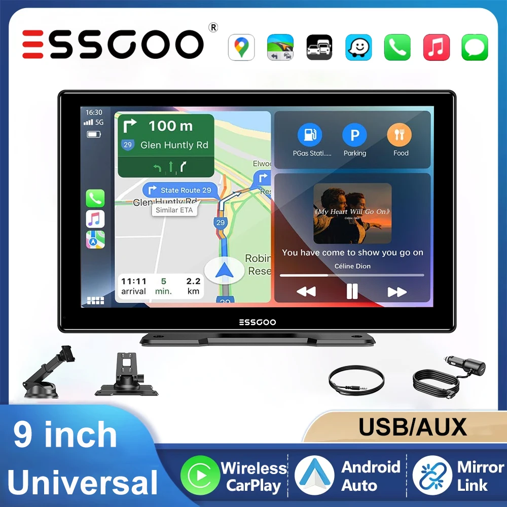 ESSGOO 9 Zoll tragbarer drahtloser CarPlay IPS Touchscreen universelles Auto Stereo Radio Android Auto AUX FM USB KI Sprachsteuerung GPS Mirror Link SurperLink Touchscreen Bluetooth Lenkradsteuerung