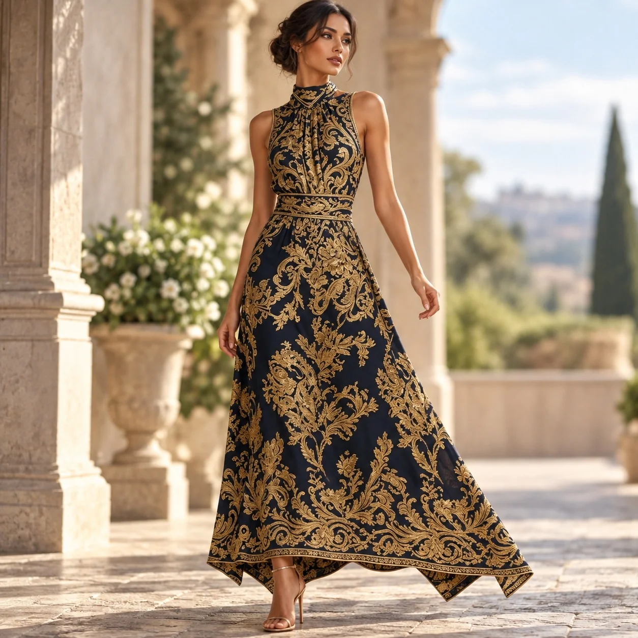 Pull on Jacquard Gown Loose Fit Vintage Boho with High Neck Asymmetrical Hem European and American Style Dress Summer for Women