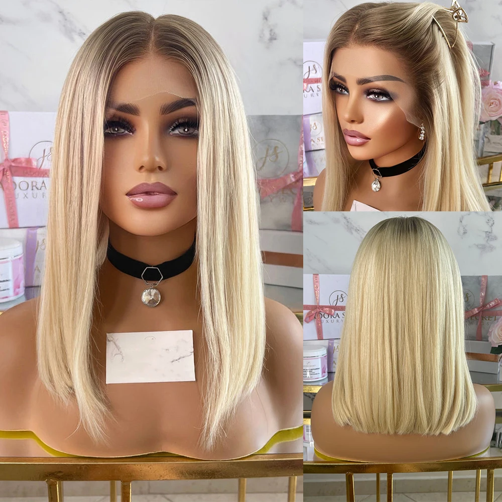 

Ombre Blonde Long Bob Wig 100% Virgin Human Hair Root Melt Wig Brazilian Remy Hair Lace Front Wig 14" 180% Density Preplucked