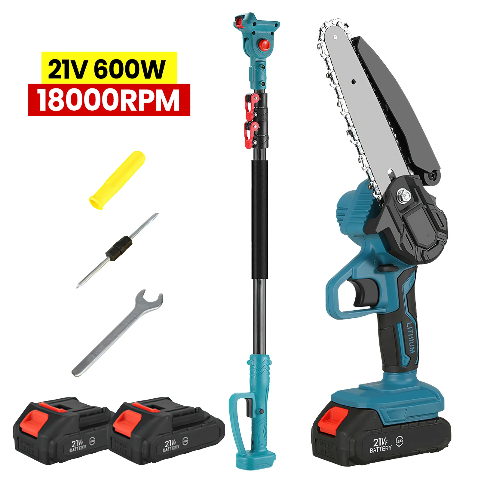 Electric Chainsaw,  2 in 1 Electric Chainsaw & 2 M Telescopic Branch Cutter, Telescopic Pole, 6 Inches, 2 x 4000 mAh Battery