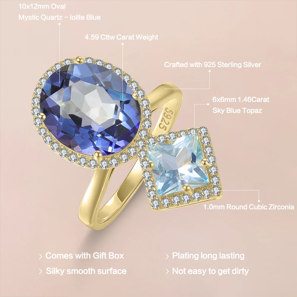 GEM'S BALLET Iolite Blue Mystic Quartz & Sky Blue Topaz Cocktail Ring in 925 Sterling Silver 18K Gold Plated Gift For Her