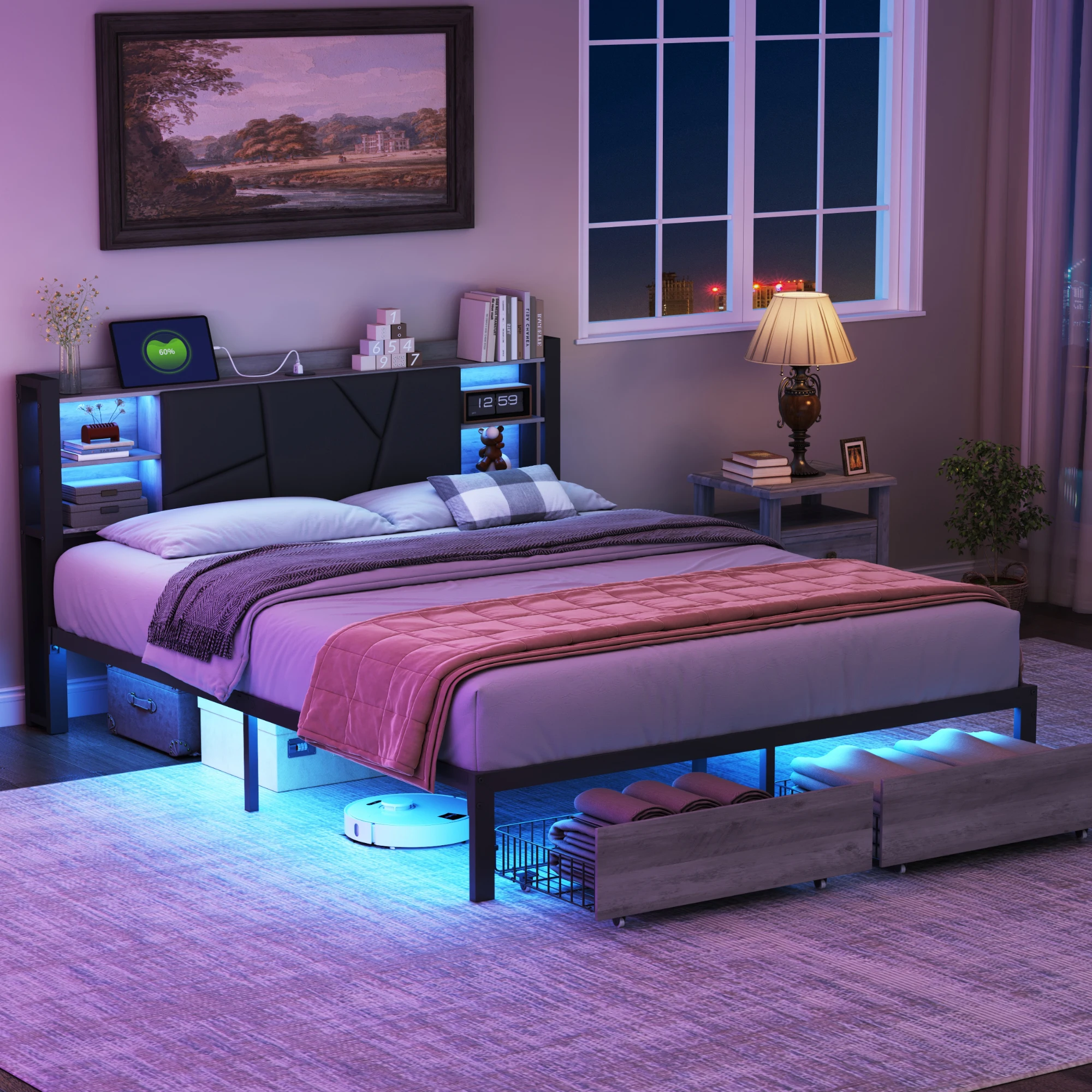 Letto Comanlai 140 x 200 cm, Letto contenitore con 2 cassetti, Letto per ragazzi con rete a doghe e testiera, senza materasso, PU