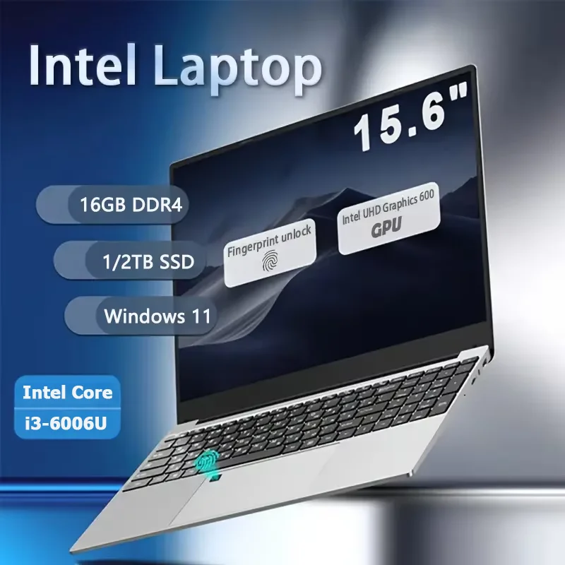 Portátil 2026 de 15.6 Pulgadas con Desbloqueo por Huella Dactilar, Teclado Retroiluminado, 16GB de RAM DDR3, 512GB/1TB/2TB SSD, Intel i3-6006U, Windows 11 Pro, para Oficina, Estudio y Juegos