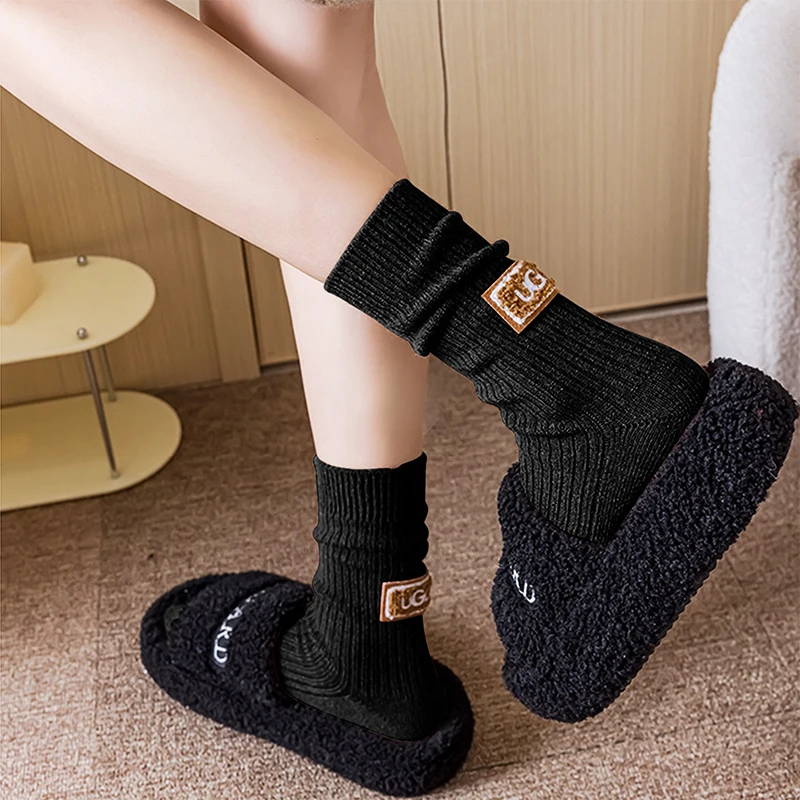 Girls Winter Wool Socks Women Cashmere Warm Thick Line Mid Tube Socks Fashion Furry Heel Label Color Snow Boot Socks