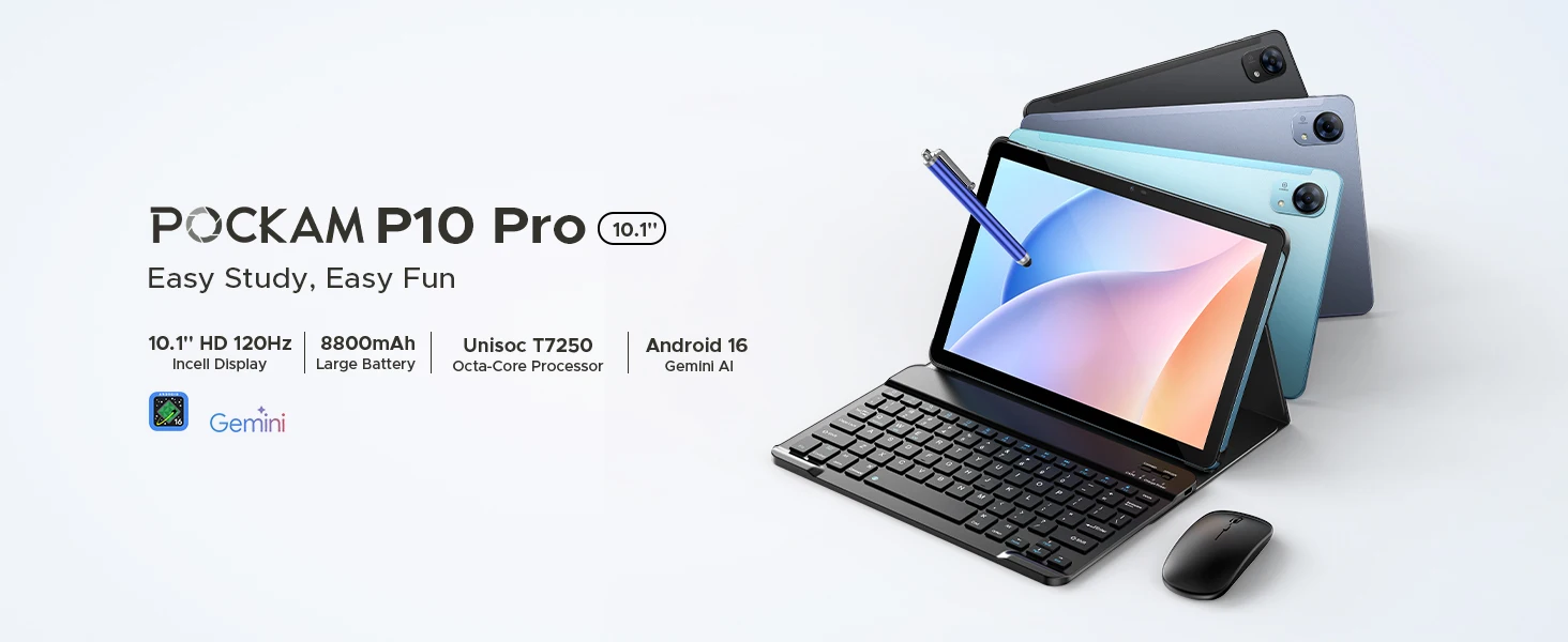 POCKAM P10 Pro Smart Tablet 10.1'' Tablet with 8800mAh Battery, 48GB RAM (8GB+40GB), 128GB ROM, Gemini AI, Android 16, and Widevine L1 support