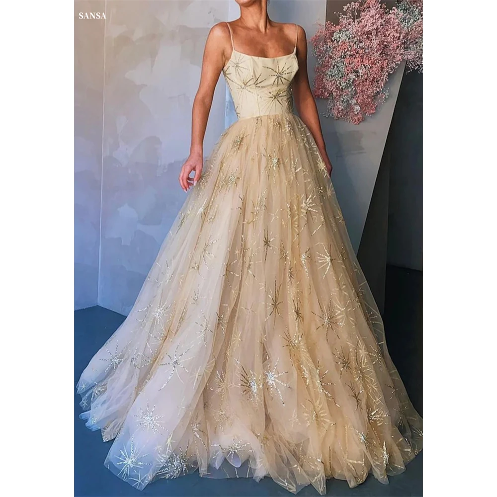 

Sansa Customized Champagne A-line Star Pattern Prom Dress Spaghetti Strap Sleeveless Vestidos De Noche Floor-Length Formal Gown