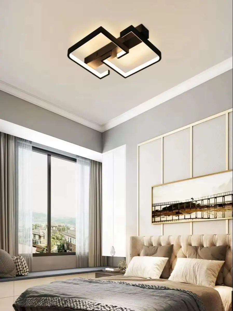 Moderne schwarze LED-Deckenleuchte 35W/45W, dimmbar mit Fernbedienung, 3000K-6500K, doppeltes rechteckiges konkaves Design, blendfreier, augenschonender Metallkörper, hohe Lichtdurchlässigkeit,