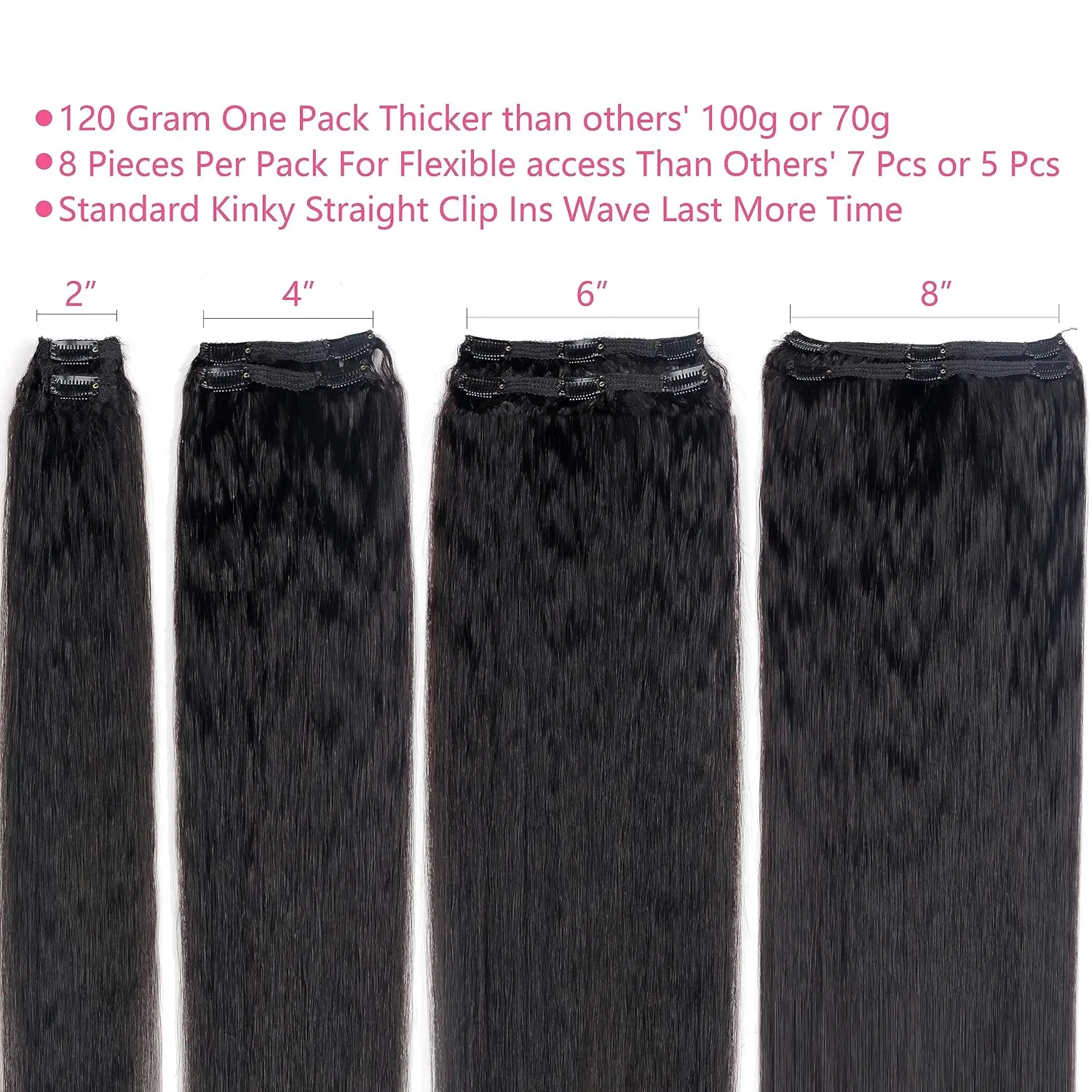 Extensiones de cabello con clip recto y rizado 8 unidades/juego 1B #   Extensiones de cabello negro natural, postizo humano real para mujeres de 10-26 pulgadas