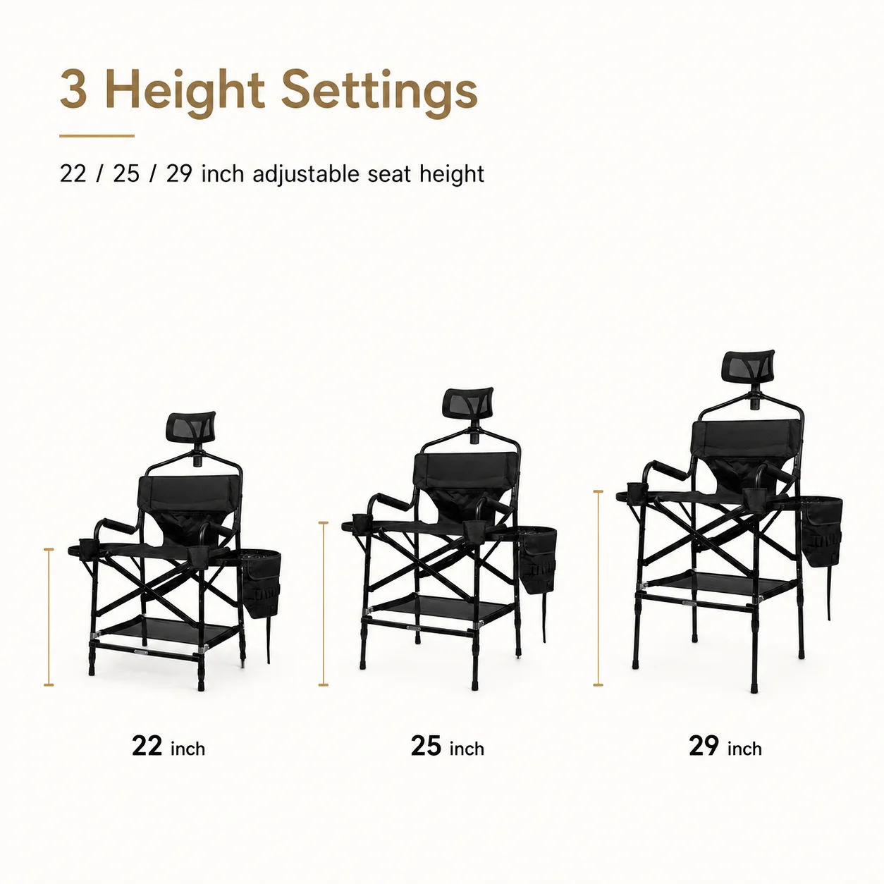 Simpleme Lightweight Aluminum Portable Folding Tall Director Adjustable High Makeup Artist Chair With Headrest