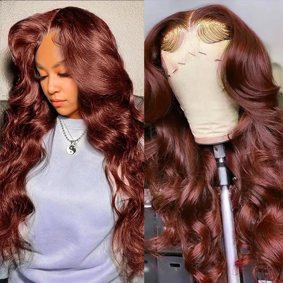 

250 Density 13x6 Body Wave Reddish Brown Frontal Human Hair Wigs Brazilian Virgin Hair 13x5 HD Transparent Lace Preplucked Wig