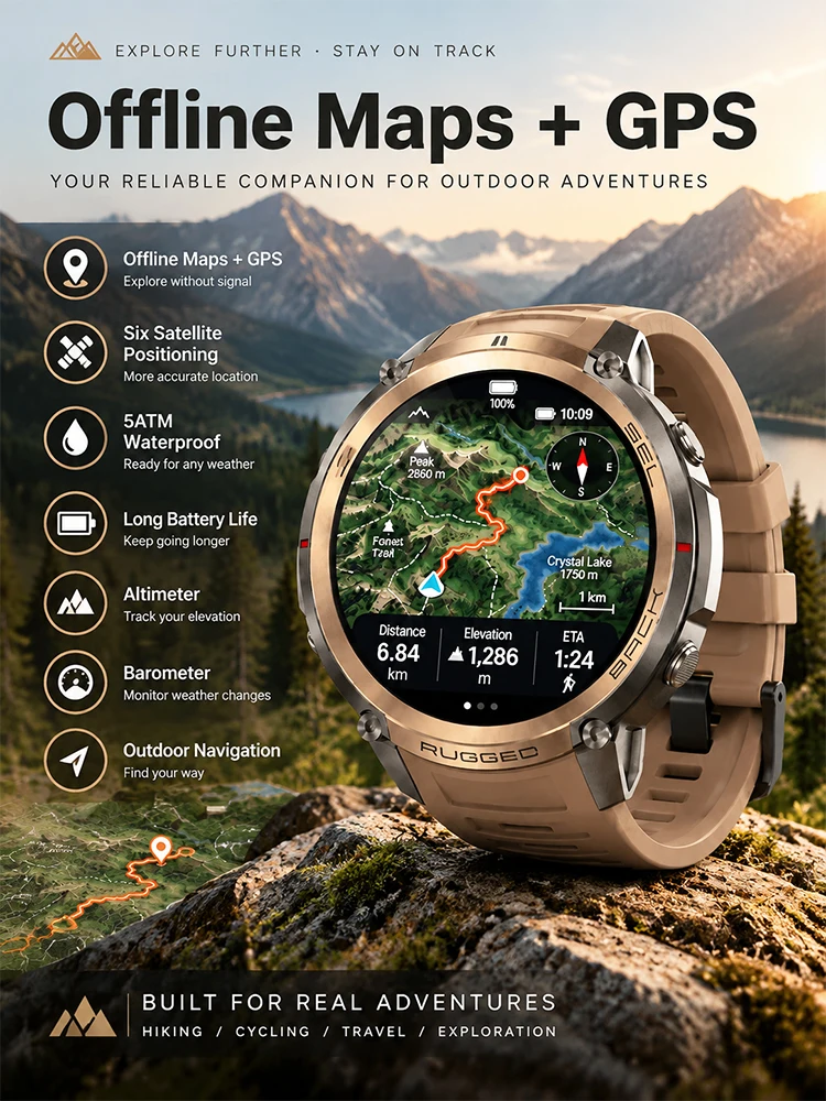 2026 TOP1 Neue Offline-Karte, Outdoor-Sport-Smartwatch, GPS, Höhenmesser, Barometer, 5ATM Wasserdicht, Bluetooth-Anruf, 170+ Sportmodi, Smartwatches für Herren