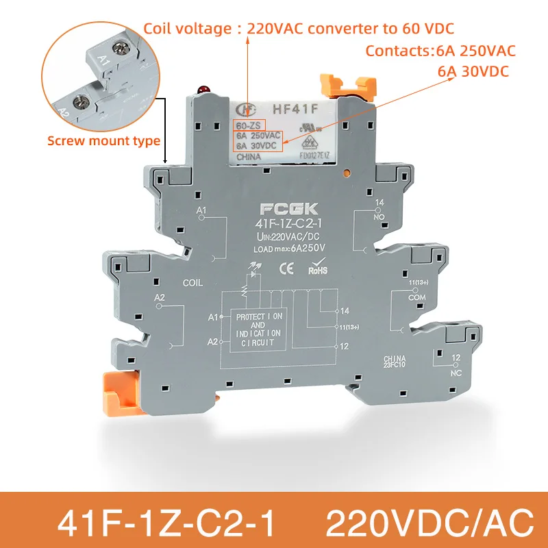 Din Rail Slim Relay Module 41F-1Z-C4-1 Geïntegreerd PCB Mount Power Relay met relaishouder 12VACDC 24VACDC relaisaansluiting 6,2 mm