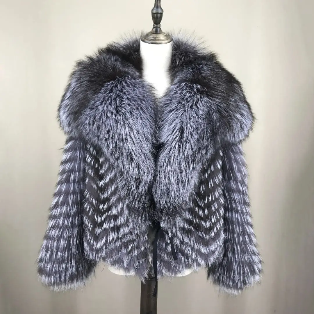 Royal Blue Natural Silver Fox Fur Jacket with Big Turn-down Collar Winter New Genuine Leather Fox Fur Coats Short Outwear