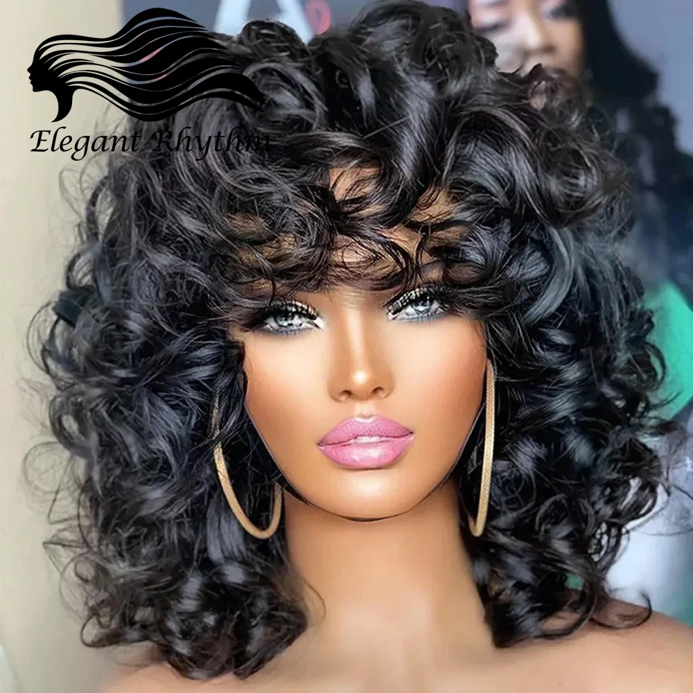 Short Curly Bob Wig Human Hair With Bangs Ready to Go Glueless Bouncy Curly Human Hair Wigs Machine Made Afro Wigs for Women