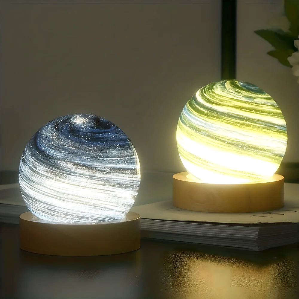 LED home decoration 3D Saturn crystal ball, USB powered night light with wooden stand, Aesthetic gift for children and friends