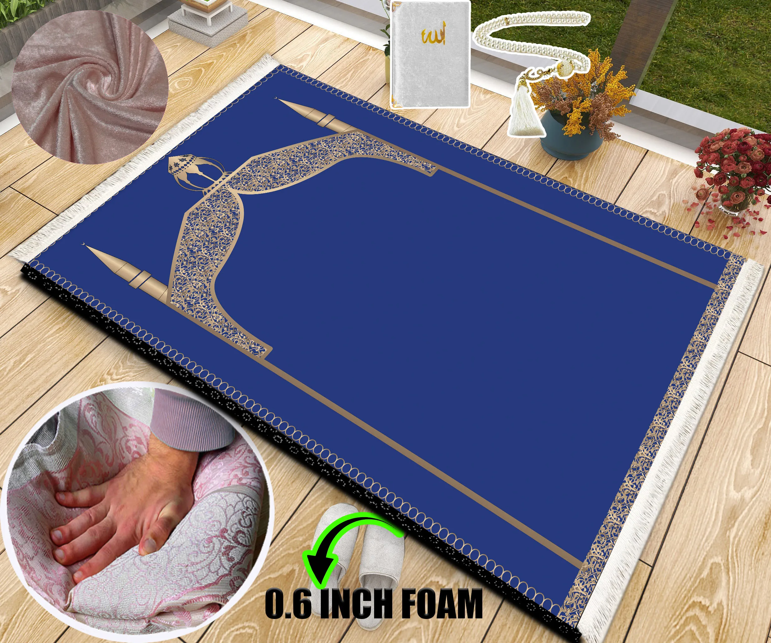 

Extra Thick Foam Padded Turkish Blue Gold Prayer Rug, Luxury Yaseen, Soft Praying Mat Carpet & Pearl Tasbeeh, İslamic Gift Set