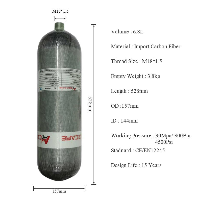 Acecare 6.8L CE 4500Psi Carbon Fiber Cylinder/HPA Tank For Diving Equipment and Fire Safety 30 Mpa 300bar Scuba Diving Tank