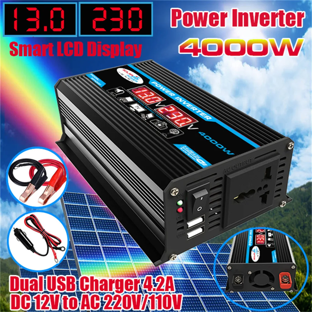 Pure Sine Wave Inverter Dual USB 12V to 220V/110V 1600W 2500W 3500W 4000W LED Car Voltage Converter Black/Yellow