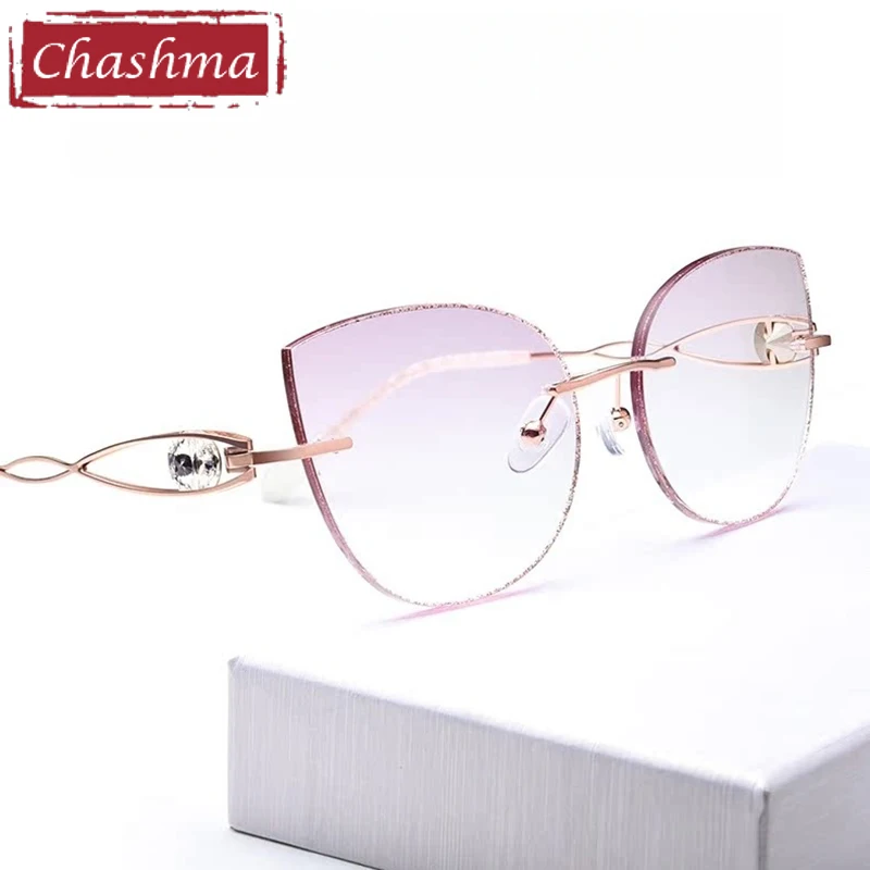

Chashma Prescription Glasses Women Titanium Fashion Cat Eye Eyeglasses Round Diamond Trim Rimless Eyewear for Tint Color Recipe