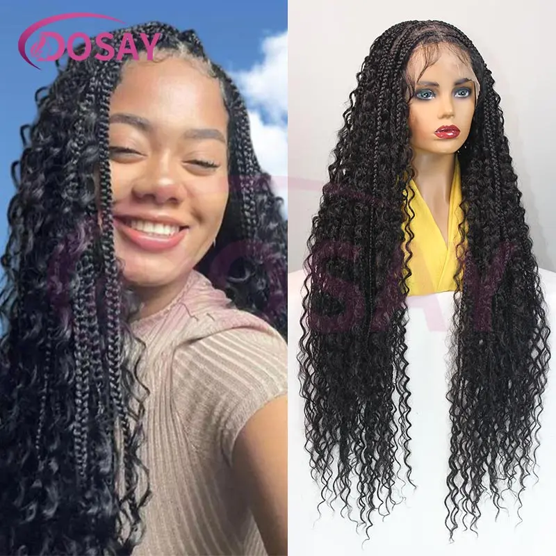 الاصطناعية 36 "الدانتيل الكامل بوهو شعر مستعار مضفر مجعد ينتهي عقدة صندوق الضفائر شعر مستعار للنساء السود 1B27 شقراء آلهة الضفائر شعر مستعار #4