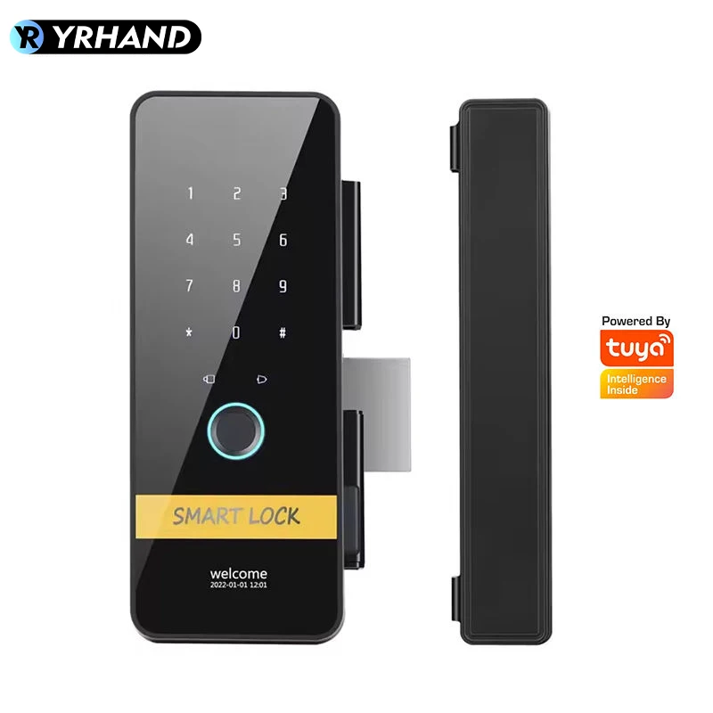 YRHAND Automatic tuya app Keyless Entry fingerprint Glass Smart Hook Lock with key For office framess Sliding Door