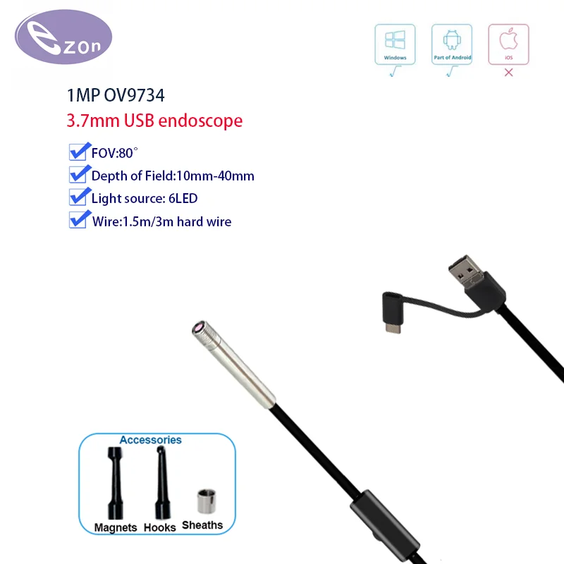1MP 3.7mm diameter industrial endoscope FOV80︒ Hard line Industrial pipeline inspection
