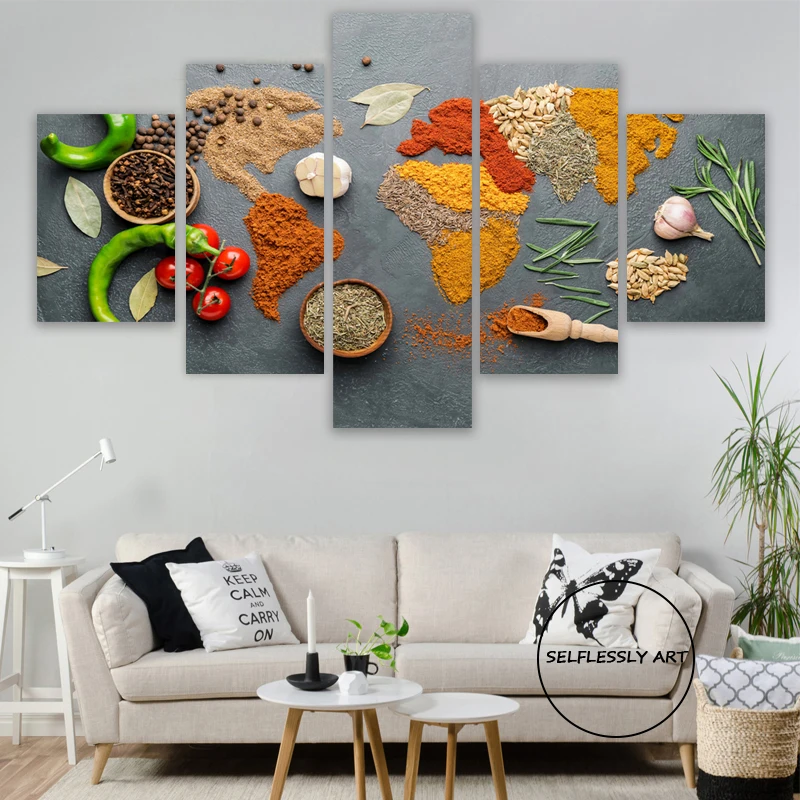 

5Panel Spice Seasoning World Map Canvas Food Map Painting Poster and Prints Wall Art Pictures For Kitchen Living Room Home Decor