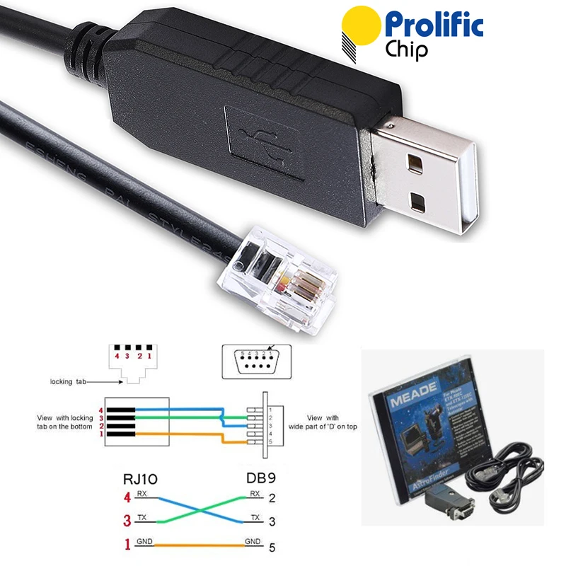 Prolific USB RS232 Serial to RJ10 4P4C Converter Adapter Cable for Meade ETX-125 ETX-90 ETX-70 LXD-75 LX90