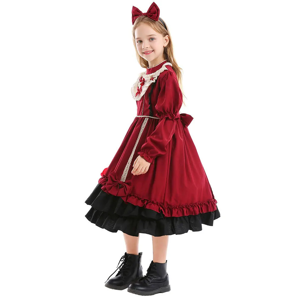 Girls Red Lolita Princess Dress Kawaii Long Sleeve Ball Gown Dress with Cute Headgear Kids Girls Birthday Party Outfits Vestidos