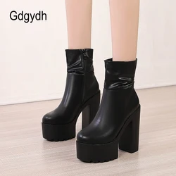 Gdgydh Winter Platform Boots for Women Chunky High Heel Elastic Ankle Boots with Zipper Solid Black Block Heel Party Boots