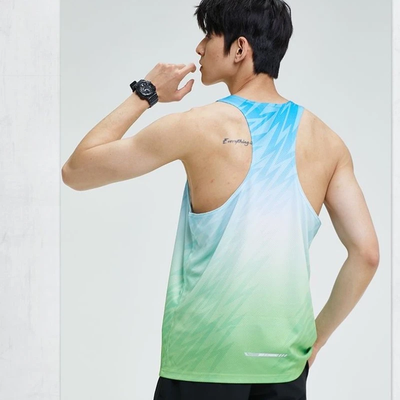 Gradient Color Sports Marathon Singlet for Men High Quality Quick Dry Gym Fitness Running Tank Tops Man Exercise Training Vest