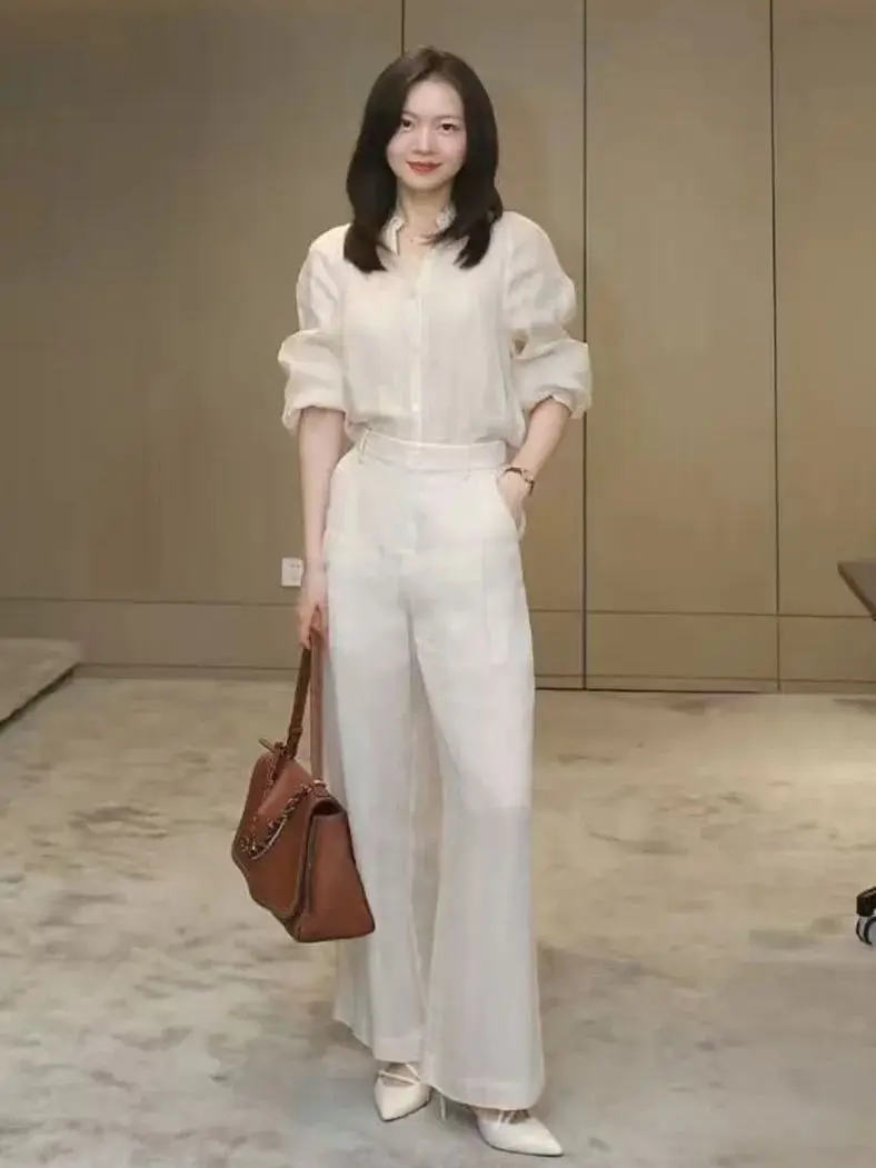 

Весенне-летний повседневный минималистичный льняной костюм-двойка с брюками