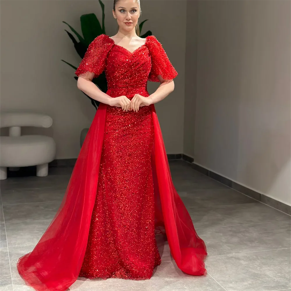 Customized Puffy Sleeves Beading Lace Evening Dress For Women Stunning Party Prom Gown With Detachable Train2024 فساتين سهرة