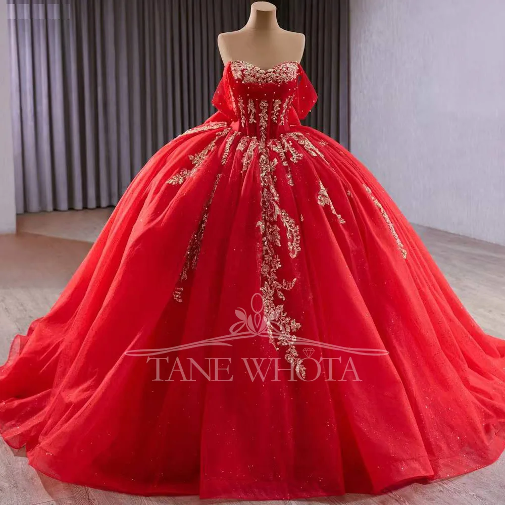 

Red Vestidos Quinceañeras Princesas Luxury Off Shoulder Sweetheart Bow Lace Up Back Red Long Dress For Special Occasions