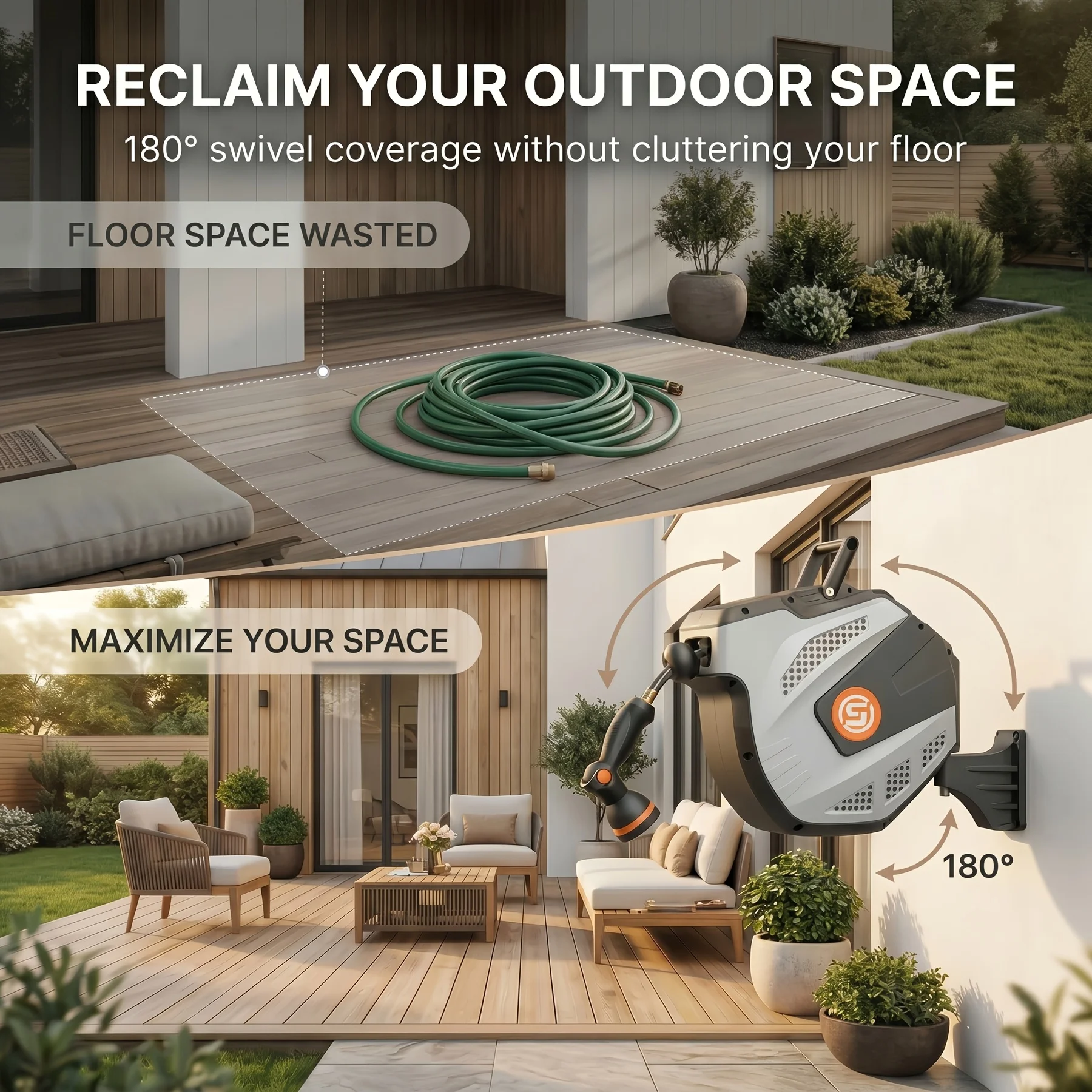 SUNPOW Self Retracting Hose Reel 50ft-115ft, Wall Mount Retractable Garden Water Hose Reel, Automatic Rewind Hose Reel with 10 Function Spray Nozzle, 180° Swivel Heavy Duty for Garden Yard Car Washing
