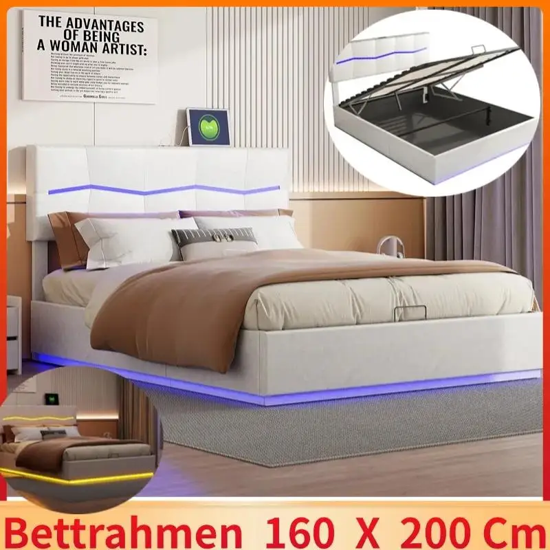 160x200 cm Doppelbett gepolstertes Hebebett mit LED-Beleuchtung und USB-Anschlüssen Leder